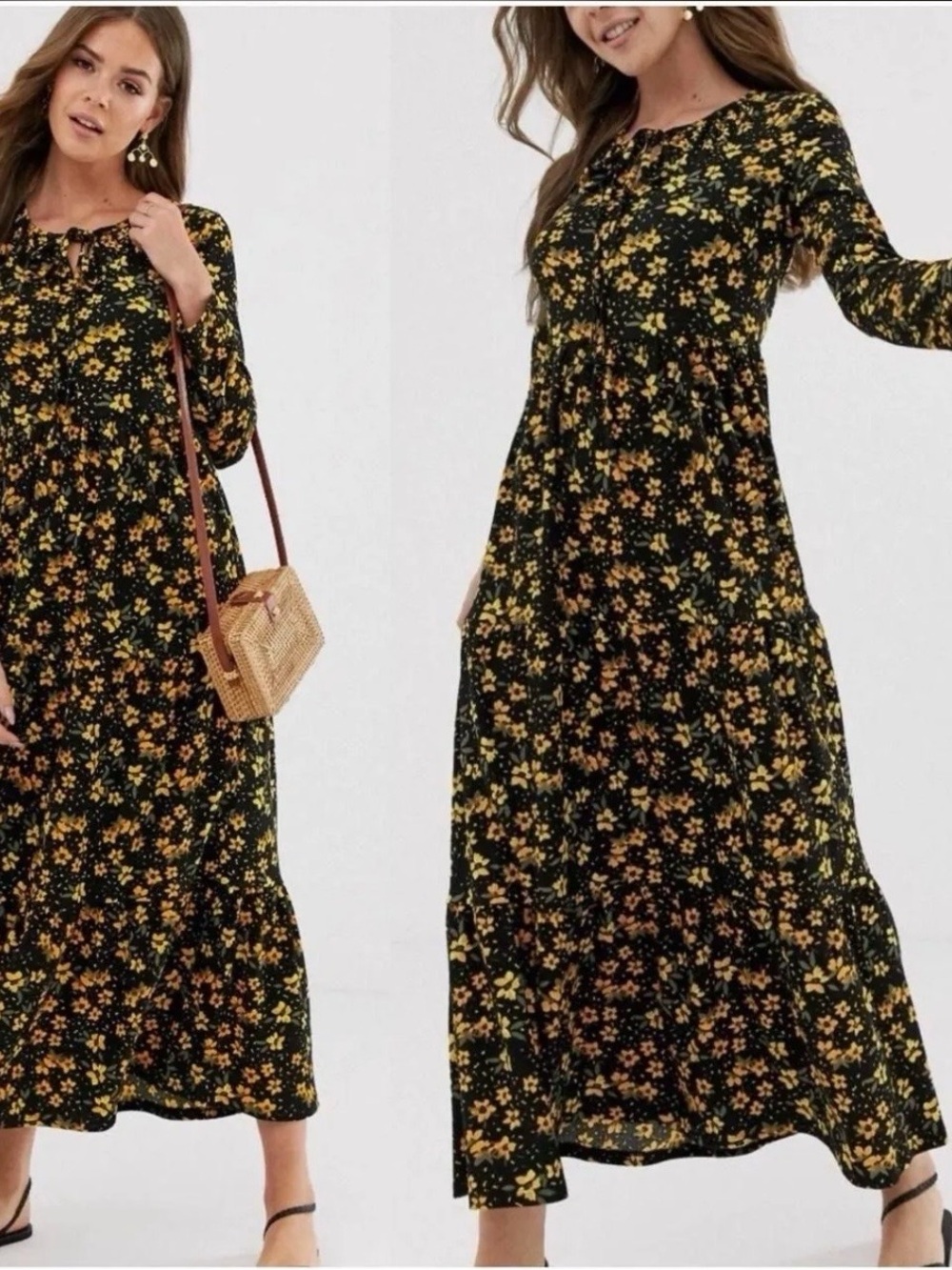 Free People Black Maxi Dress with Yellow Floral Print